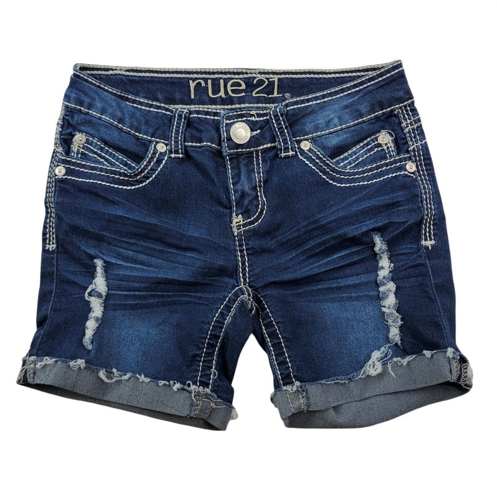 CC - Rue 21 Denim Shorts Women 0 Dark Wash Low Rise Thick Stitch Distressed